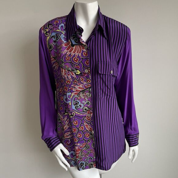 KOOS Of Course 100% Silk Shirt Top Blouse Sz Small Purple Boho Artsy Halloween - Picture 1 of 13
